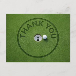 Golfboll med texten Tack på grön gräsmatta Vykort