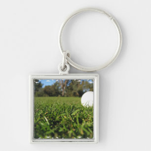 Golfboll på golfbanan Keychain Fyrkantig Silverfärgad Nyckelring