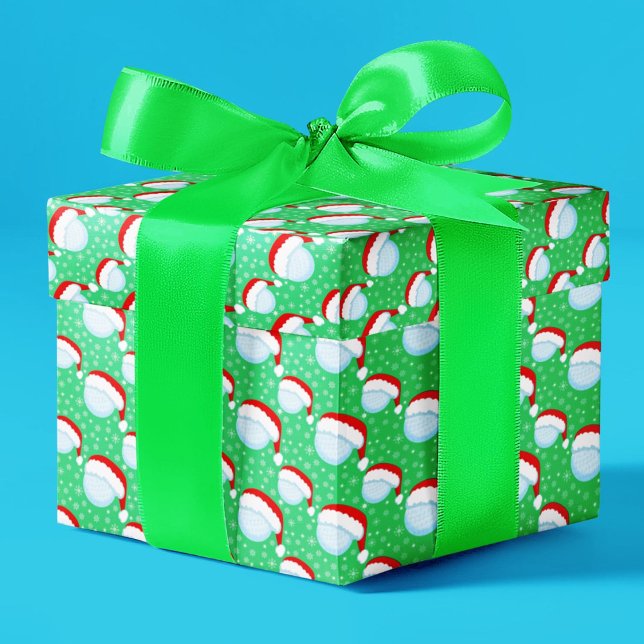Golfbollar Jultomtehatt & Snöflingor Grön Presentpapper (Skapare uppladdad)