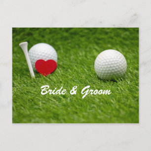 Golfbröllop brud och brudgum tee off med kärlek vykort