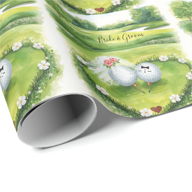 Golfbröllop golfboll brud och brudgum på green presentpapper (Rullad Hörn)