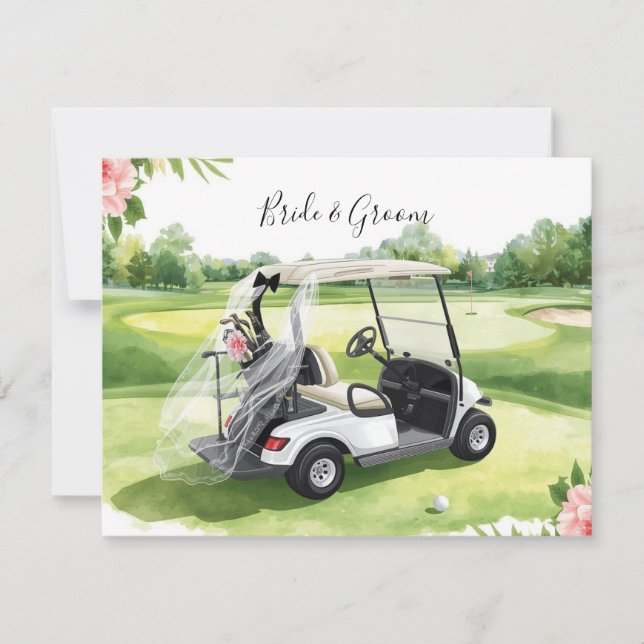Golfbröllop golfcart på grön gräsmatta anteckningskort (Framsida)