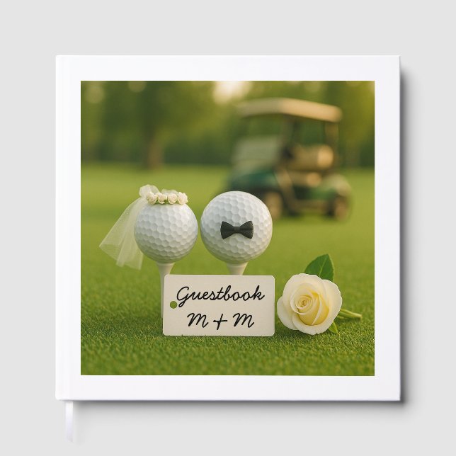 Golfbröllop med bollar på grön gräs brud brudgumme gästböcker (Framsida)