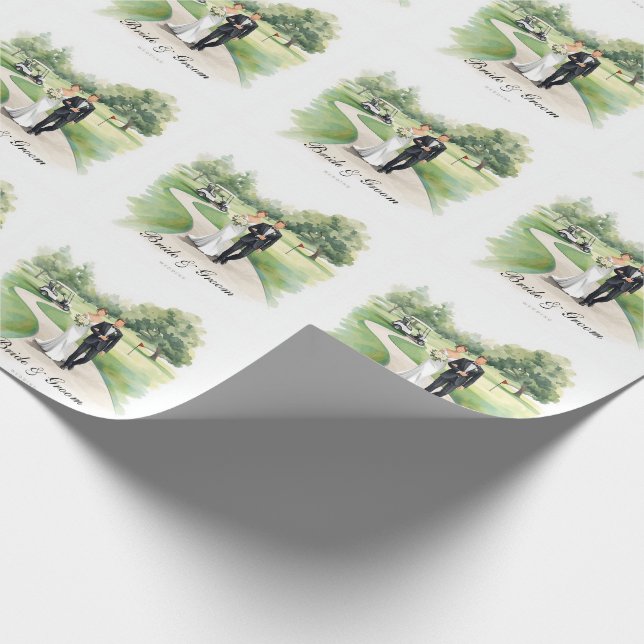 Golfbröllop med brud och brudgum på banan presentpapper (Hörn)