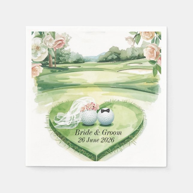 Golfbröllop med golfboll på green pappersservett (Framsidan)