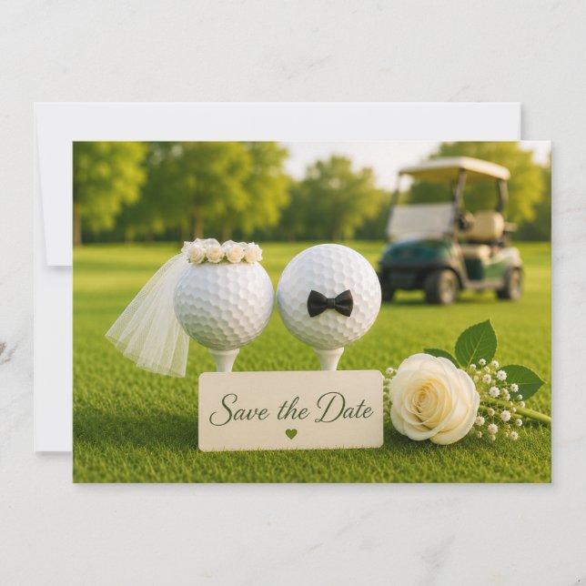 Golfbrud och -brudgum på golfbana spara datumet (Framsida)
