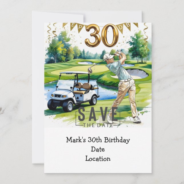 Golfer 30års födelsedag med golfvagn Spara datum Inbjudningar (Framsida)