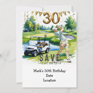 Golfer 30års födelsedag med golfvagn Spara datum Inbjudningar