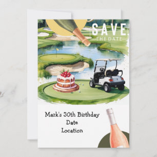 Golfer 30års födelsedag med golfvagn Spara datum Inbjudningar