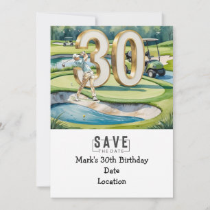 Golfer 30års födelsedag med golfvagn Spara datum Inbjudningar