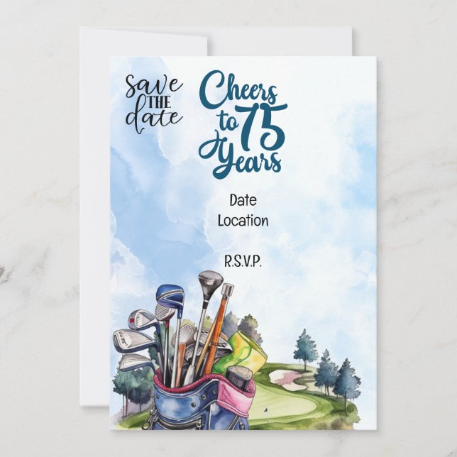 Golfer 75:e Birthday med golfpåse Spara datum Inbjudningar (Framsida)