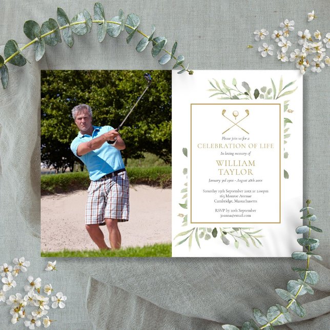Golfer Greenery Firande av Liv Foto Inbjudningar (Golfer Greenery Celebration of Life Photo Invitation)