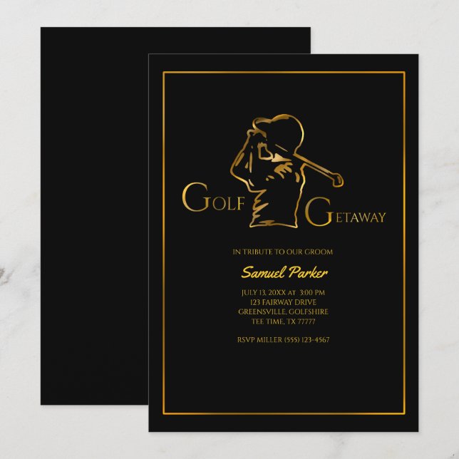 Golfer groom Golf Bachelor Party Luxury Faux Guld Inbjudningar (Fram/baksida)