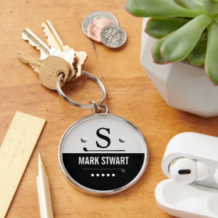 Golfer Modern Black White Monogram Rund Silverfärgad Nyckelring