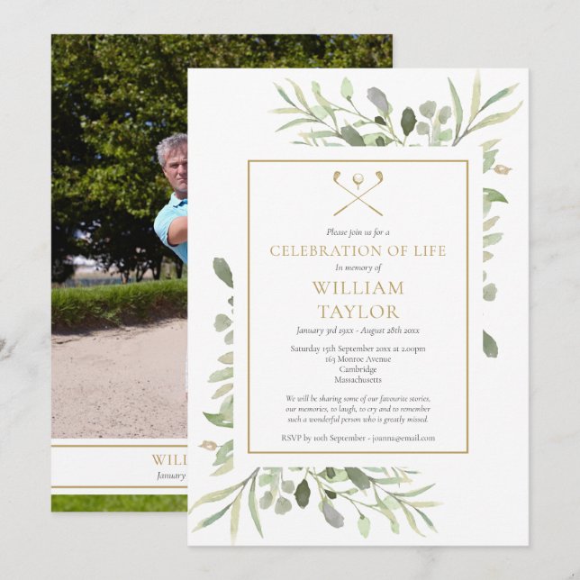 Golfer Photo Celebration of Life Funeral Inbjudningar (Fram/baksida)