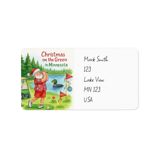 Golfer Santa Claus Golfing in Minnesota Lake view Adressetikett (Framsidan)