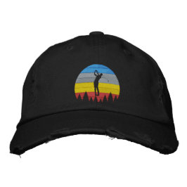 Golfer Silhouette Swing Retro Stripe BackDrop Broderad Keps