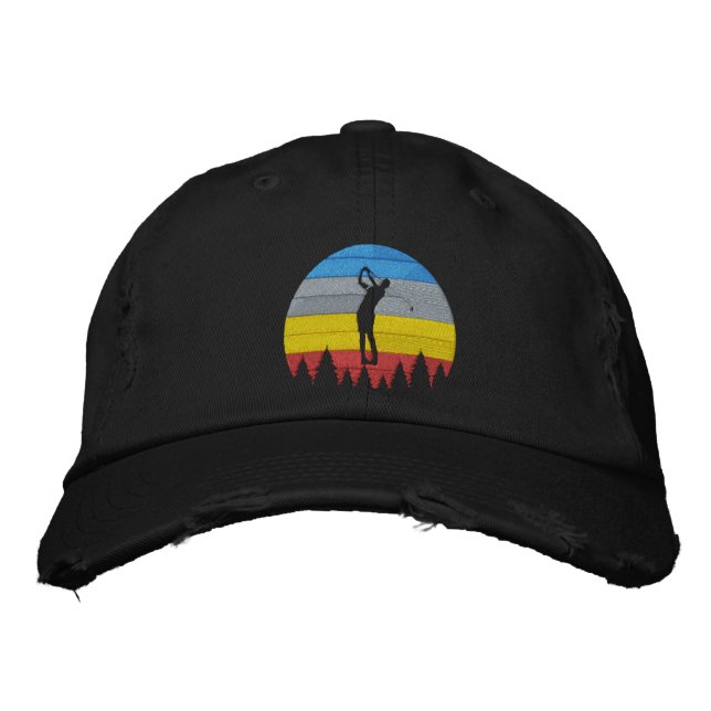 Golfer Silhouette Swing Retro Stripe BackDrop Broderad Keps (Framsida)