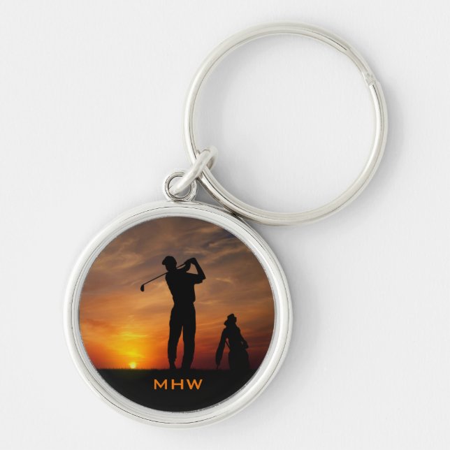 Golfer Sunset anpassningsbar monogram-nyckelringar Rund Silverfärgad Nyckelring (Framsidan)