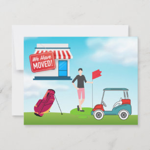 Golfer vi har flyttat med golfvagn och väska meddelande