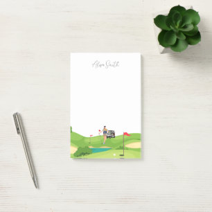 Golfer Woman är på grönt gräs i golfbana Post-it Block