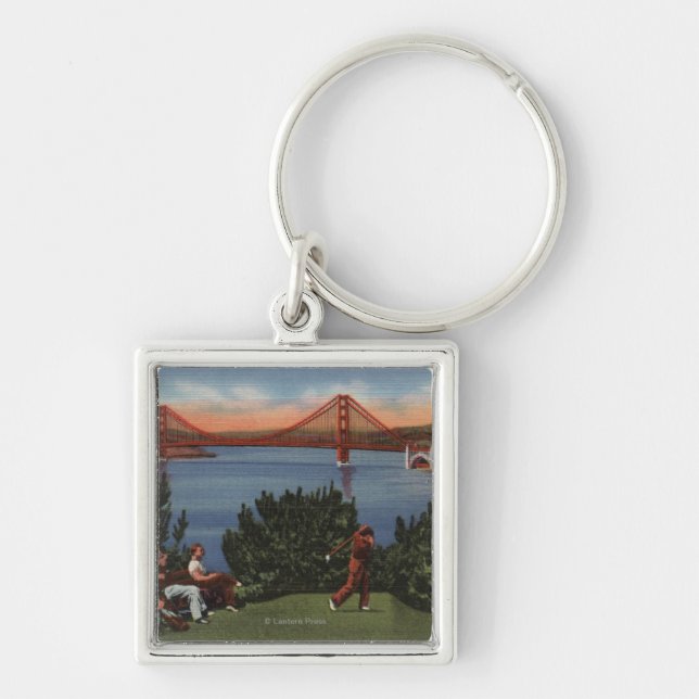 Golfers with Golden Grind Bridge in Background Fyrkantig Silverfärgad Nyckelring (Framsidan)