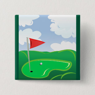 Golfgrönt med röd flagga och boll knapp