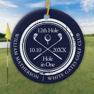 Golfhål i ett retro marinblå personlig julgransprydnad keramik