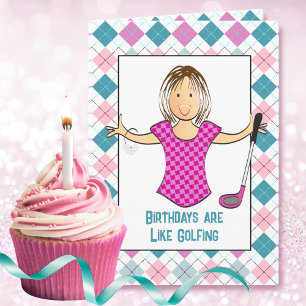 Golfing Female Tecknad Lung Satt Birthday Kort