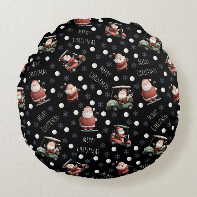 Golfing Santa on Black Rund Kudde (Framsidan)