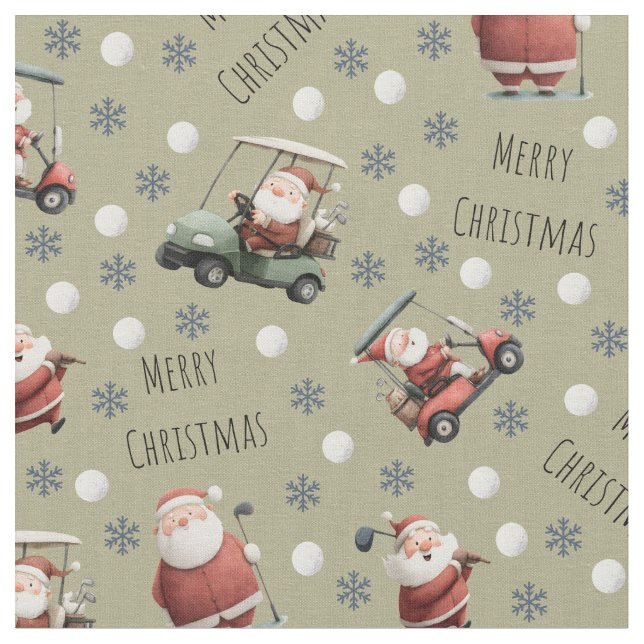 Golfing Santa on Khaki Brown Tyg (Närbild)