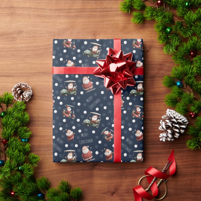 Golfing Santa on Navy Blue Presentpapper (Julgåva)