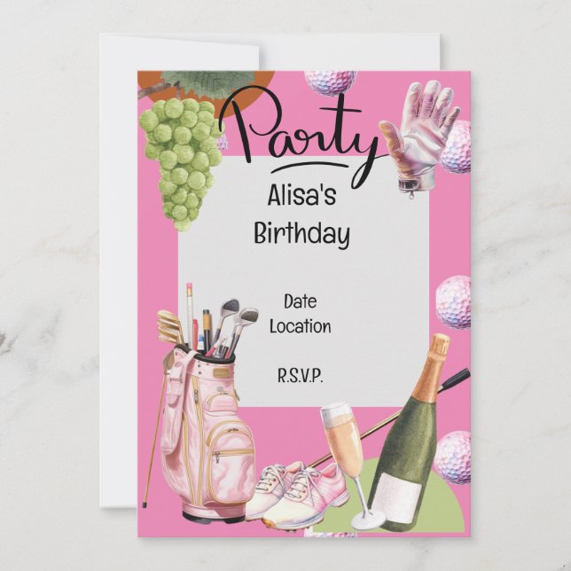 Golfjärn med boll överallt på rosa för golfare inbjudningar (Framsida)