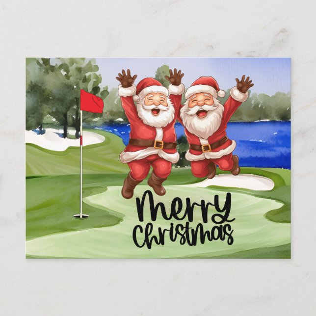 Golfjul Jultomten med flagga på grönt Helg Vykort (Framsida)