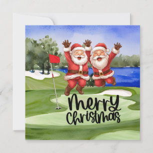 Golfjul Jultomten med flagga på grönt Julkort
