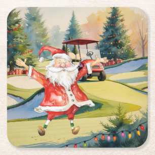 Golfjultema med Jultomten Golfing Underlägg Papper Kvadrat