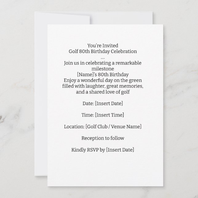 Golfkalas 80-årsfirande Spara datumet för golfare Inbjudningar (Baksida)