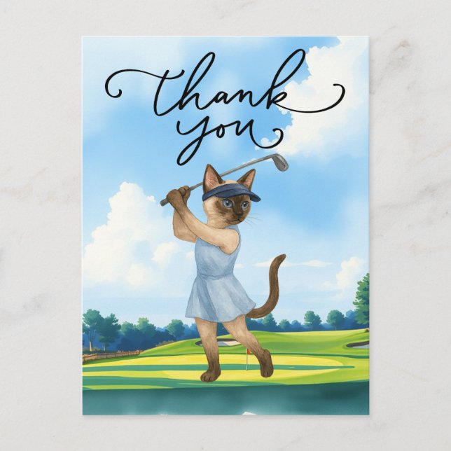 Golfkatten golfar med tack-text på himlen vykort (Framsida)