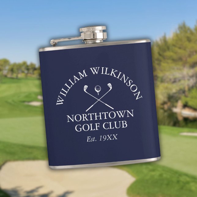Golfklubb och medlem namn marinblå fickplunta (Golf Club And Member Name Navy Blue Flask)