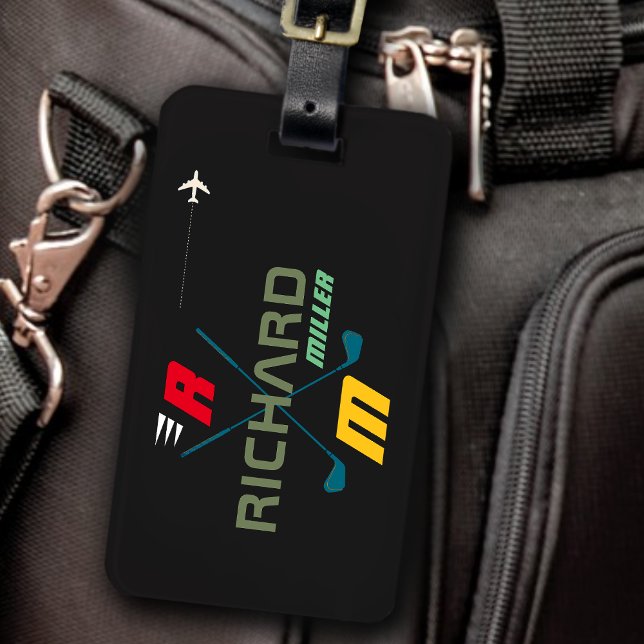 golfklubbar, namn & initialer på svart monogrammet bagagebricka (Skapare uppladdad)