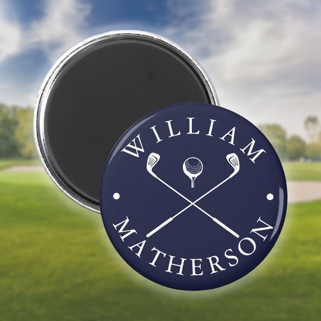 Golfklubbor med eget namn i marinblått och vitt magnet (Custom Name Golf Clubs Navy Blue And White Magnet)