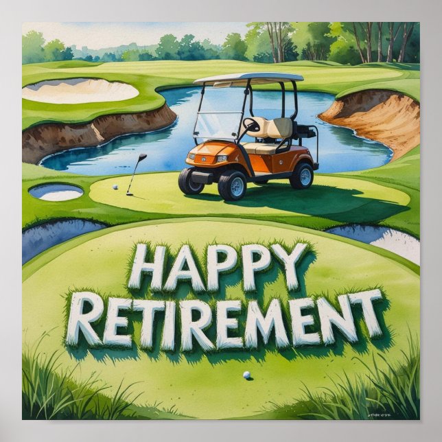 Golfkurs med texten Lycklig Pension på grönt Poster (Framsidan)