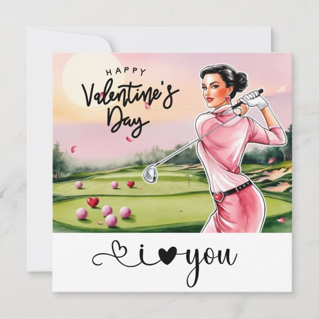 Golfkvinna Golfare Golf Valentine's Day  Julkort (Framsida)