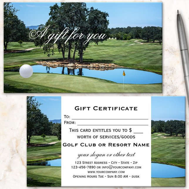 Golfpresentkortsmall Rabattkort (Gift certificate with a golf theme featuring an image of a golf course with a ball)