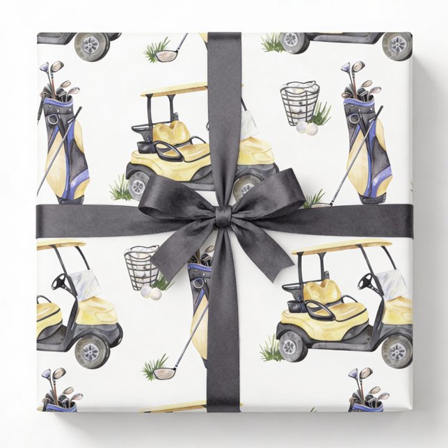 Golfpresentpapper, golfklubbor vagn presentförpack presentpapper (Skapare uppladdad)