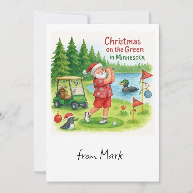 Golfspelande jultomte Golfar i Minnesota Sjöutsikt Julkort (Framsida)