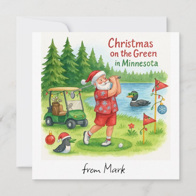 Golfspelande jultomten Golfar i Minnesota Sjöutsik Julkort (Framsida)