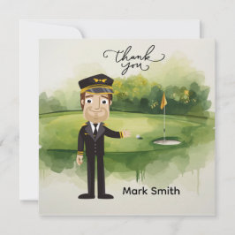 Golfspelande pilot på golfbana med text Tack så my Kort