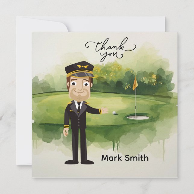 Golfspelande pilot på golfbana med text Tack så my Kort (Framsida)