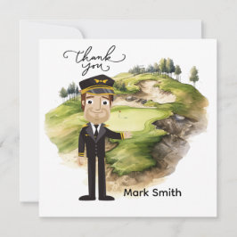 Golfspelande pilot på golfbana med text Tack så my Kort